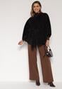 Czarne Ponczo z Futerkiem i Wiązanym Paskiem Monalena