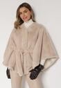 Beżowe Ponczo z Futerkiem i Wiązanym Paskiem Monalena