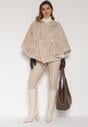Beżowe Ponczo z Futerkiem i Wiązanym Paskiem Monalena