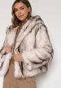 Jasnobeżowa Futrzana Kurtka z Nieodpinanym Kapturem Tusarea