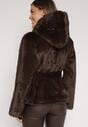 Brązowa Kurtka Futerko z Kapturem i Wiązanym Paskiem Zetara