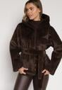 Brązowa Kurtka Futerko z Kapturem i Wiązanym Paskiem Zetara