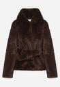 Brązowa Kurtka Futerko z Kapturem i Wiązanym Paskiem Zetara