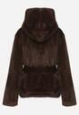 Brązowa Kurtka Futerko z Kapturem i Wiązanym Paskiem Zetara
