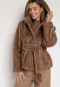 Jasnobrązowa Kurtka Futerko z Kapturem i Wiązanym Paskiem Zetara