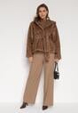 Jasnobrązowa Kurtka Futerko z Kapturem i Wiązanym Paskiem Zetara
