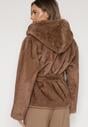 Jasnobrązowa Kurtka Futerko z Kapturem i Wiązanym Paskiem Zetara
