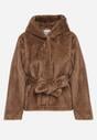 Jasnobrązowa Kurtka Futerko z Kapturem i Wiązanym Paskiem Zetara