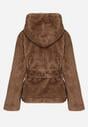 Jasnobrązowa Kurtka Futerko z Kapturem i Wiązanym Paskiem Zetara