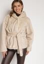 Beżowa Kurtka Futerko z Kapturem i Wiązanym Paskiem Zetara