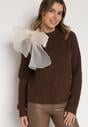 Brązowy Sweter z Domieszką Wełny z Ozdobnym Wiązaniem  Tuselana