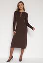 Brązowa Dopasowana Sukienka z Prążkowanej Dzianiny z Wiskozą z Aplikacjami Tusmana