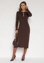 Brązowa Dopasowana Sukienka z Prążkowanej Dzianiny z Wiskozą z Aplikacjami Tusmana