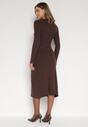 Brązowa Dopasowana Sukienka z Prążkowanej Dzianiny z Wiskozą z Aplikacjami Tusmana