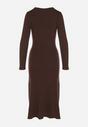 Brązowa Dopasowana Sukienka z Prążkowanej Dzianiny z Wiskozą z Aplikacjami Tusmana