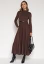 Brązowa Rozkloszowana Sukienka z Dzianiny z Wiskozą z Długim Rękawem i Paskiem Tusmina