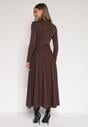 Brązowa Rozkloszowana Sukienka z Dzianiny z Wiskozą z Długim Rękawem i Paskiem Tusmina