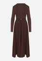Brązowa Rozkloszowana Sukienka z Dzianiny z Wiskozą z Długim Rękawem i Paskiem Tusmina