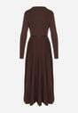 Brązowa Rozkloszowana Sukienka z Dzianiny z Wiskozą z Długim Rękawem i Paskiem Tusmina