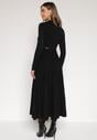 Czarna Rozkloszowana Sukienka z Dzianiny z Wiskozą z Długim Rękawem i Paskiem Tusmina