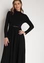 Czarna Rozkloszowana Sukienka z Dzianiny z Wiskozą z Długim Rękawem i Paskiem Tusmina