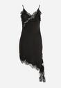 Czarna Asymetryczna Sukienka z Satyny Ozdobiona Koronką Monivea