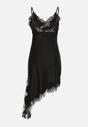 Czarna Asymetryczna Sukienka z Satyny Ozdobiona Koronką Monivea
