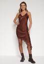 Brązowa Asymetryczna Sukienka z Satyny Ozdobiona Koronką Monivea