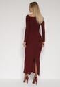 Bordowa Dopasowana Sukienka z Ozdobnym Marszczeniem Trenem i Rozcięciem Alutria