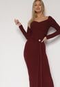 Bordowa Dopasowana Sukienka z Ozdobnym Marszczeniem Trenem i Rozcięciem Alutria