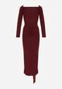 Bordowa Dopasowana Sukienka z Ozdobnym Marszczeniem Trenem i Rozcięciem Alutria