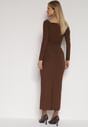Brązowa Dopasowana Sukienka z Ozdobnym Marszczeniem Trenem i Rozcięciem Alutria