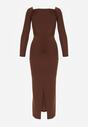 Brązowa Dopasowana Sukienka z Ozdobnym Marszczeniem Trenem i Rozcięciem Alutria