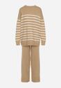 Ciemnobeżowy Komplet z Wełną i Bawełną Sweter w Paski i Szerokie Spodnie Neveena