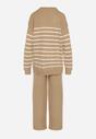 Ciemnobeżowy Komplet z Wełną i Bawełną Sweter w Paski i Szerokie Spodnie Neveena