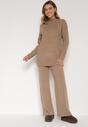 Ciemnobeżowy Dzianinowy Komplet z Bawełną i Wełną Długi Sweter i Szerokie Spodnie Reinesa