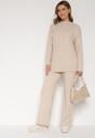 Beżowy Dzianinowy Komplet z Bawełną i Wełną Długi Sweter i Szerokie Spodnie Reinesa