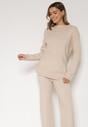 Beżowy Dzianinowy Komplet z Bawełną i Wełną Długi Sweter i Szerokie Spodnie Reinesa