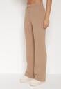 Beżowe Prążkowane Spodnie z Wełną o Szerokim Kroju z Wysokim Stanem Reinnia