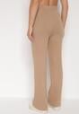 Beżowe Prążkowane Spodnie z Wełną o Szerokim Kroju z Wysokim Stanem Reinnia