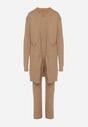 Ciemnobeżowy Komplet Dzianinowy z Bawełną Spodnie Kamizelka i Długi Kardigan Meviravia