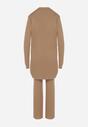 Ciemnobeżowy Komplet Dzianinowy z Bawełną Spodnie Kamizelka i Długi Kardigan Meviravia