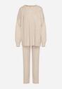 Jasnobeżowy Komplet Dzianinowy z Bawełną i Wełną Spodnie i Warkoczowy Sweter Errela