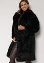 Czarny Jednorzędowy Płaszcz Futro z Szerokim Kołnierzem Wedinalia
