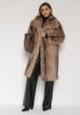 Brązowy Płaszcz Futro z Szerokim Kołnierzem i Kieszeniami Ezinda