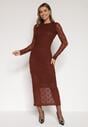 Brązowa Dopasowana Sukienka Koronkowa z Długim Rękawem Zenika