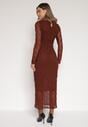 Brązowa Dopasowana Sukienka Koronkowa z Długim Rękawem Zenika