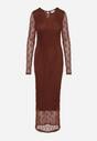 Brązowa Dopasowana Sukienka Koronkowa z Długim Rękawem Zenika