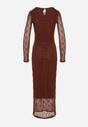 Brązowa Dopasowana Sukienka Koronkowa z Długim Rękawem Zenika