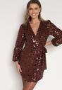 Brązowa Kopertowa Sukienka z Wiązaniem Zdobiona Cekinami Wedelessa